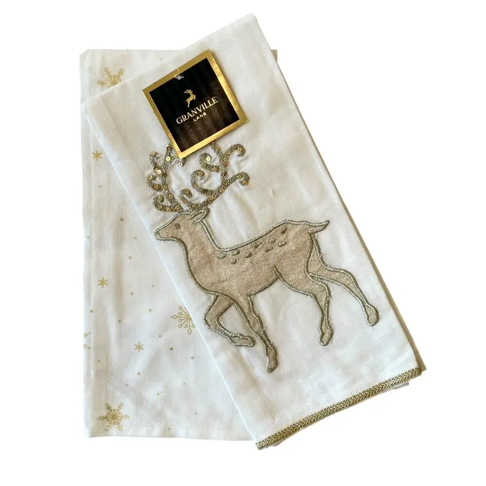 Granville Lane Embroidered Reindeer Cotton Kitchen Towels 20x28 White Gold 2pc